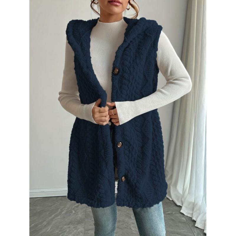 Women's Solid Color Knit Textured Fluffy Hooded Front Open Sleeveless Long Casual Plush Vest
