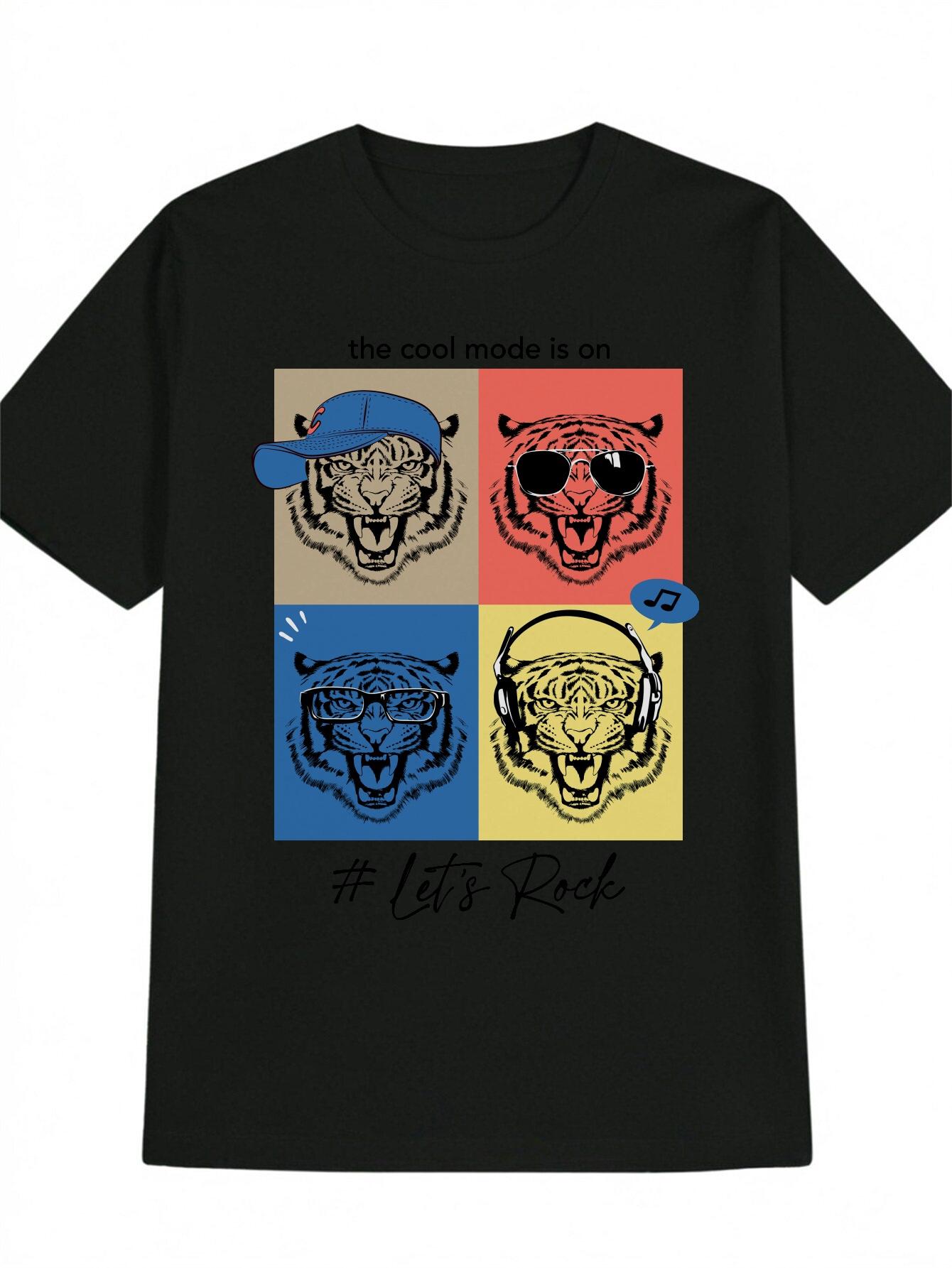 Casual Versatile Round Neck T-shirt with Tiger Head Baseball Cap Print XXXL