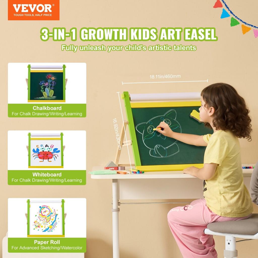 3-in-1 Tabletop Kids Art Easel Double-Sided Magnetic Whiteboard Chalkboard