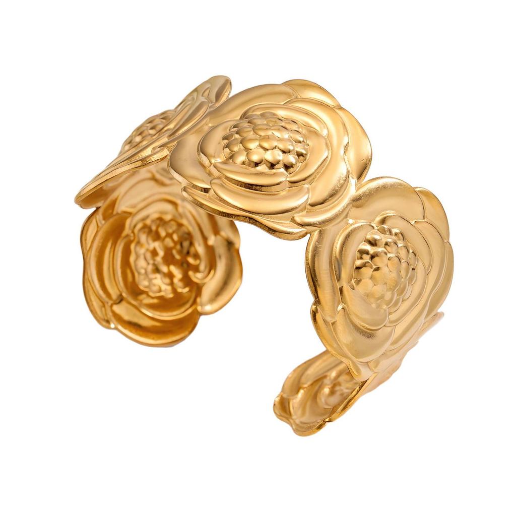 TOHM Retro Floral Open Stainless Steel Bracelet - Women's Exaggerated Fashion, Light Luxury Statement Jewelry