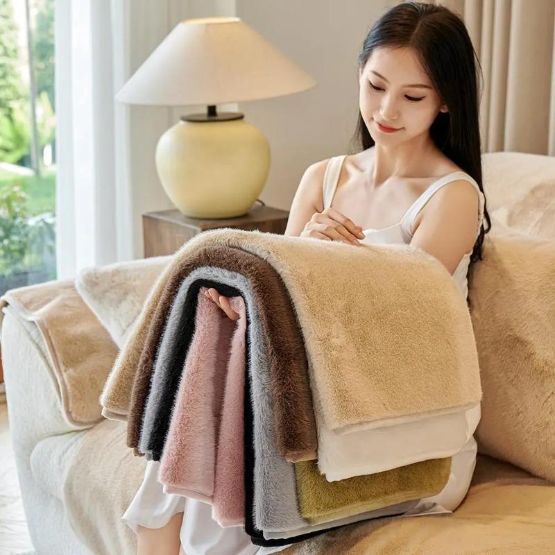 Solid Color Winter Plush Sofa Cushion Anti-Slip Thickened Warm Durable Dustproof Seat Cover Throw Blanket Machine Washable
