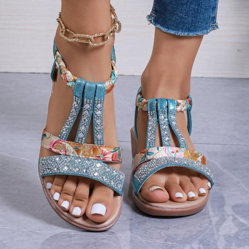 Large Size Wedge Heel Sandals Women's Summer Rhinestone Sequined Wind Sandals Women