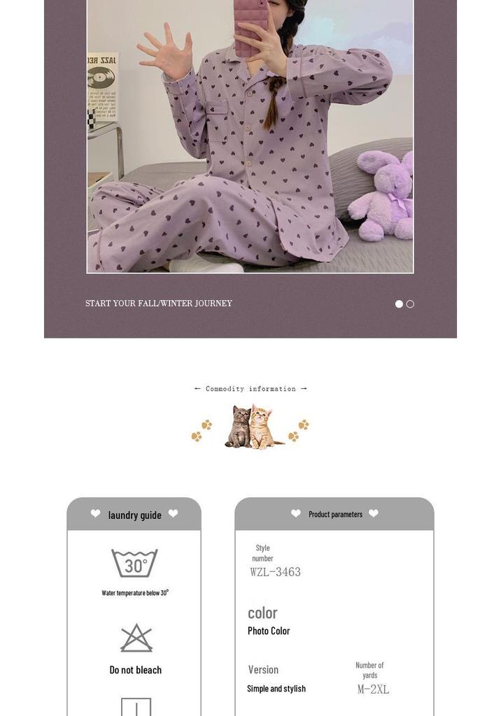 Korean Style Women's Heart Pajamas - Long Sleeve & Pants, Spring/Autumn Casual Wear