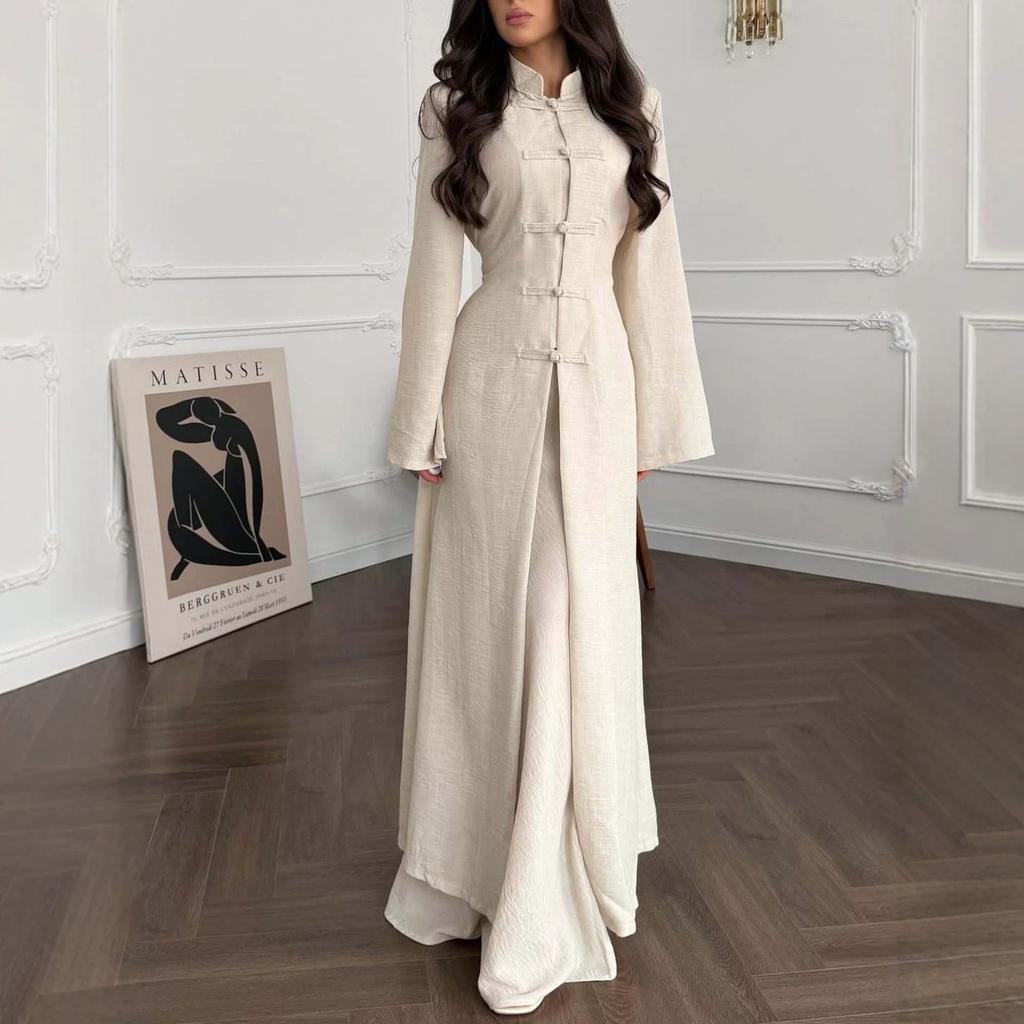  Spring and Autumn New European, American Amazon Cross-border Stand-up Collar Chinese Button Long Jacket Dress Set