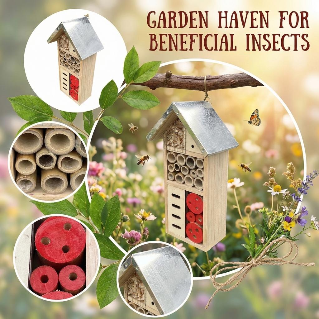 Natural Wooden Insect Hotel, Bee House For Garden, Garden Insect House For Ladybugs, Lacewings, Butterfly, Bee,