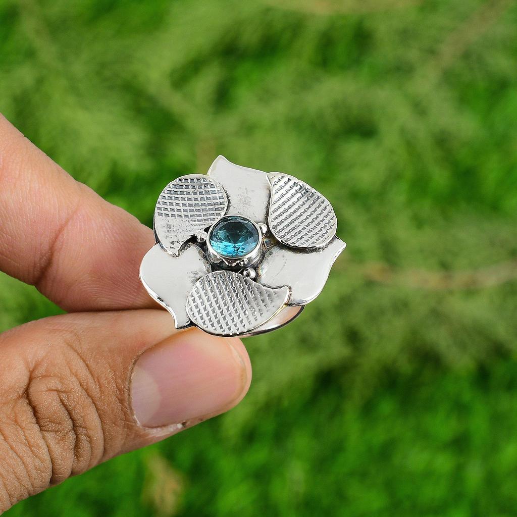 Natural Swiss Blue Topaz 925 Silver Solitaire Flower Adjustable Ring For Women