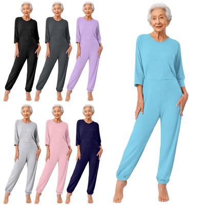 Damen Senioren Anti-Strip Adaptive Jumpsuit Hinterbeine Doppelend-Reißverschluss Langarm Lange Hosen Pflege-Strampler