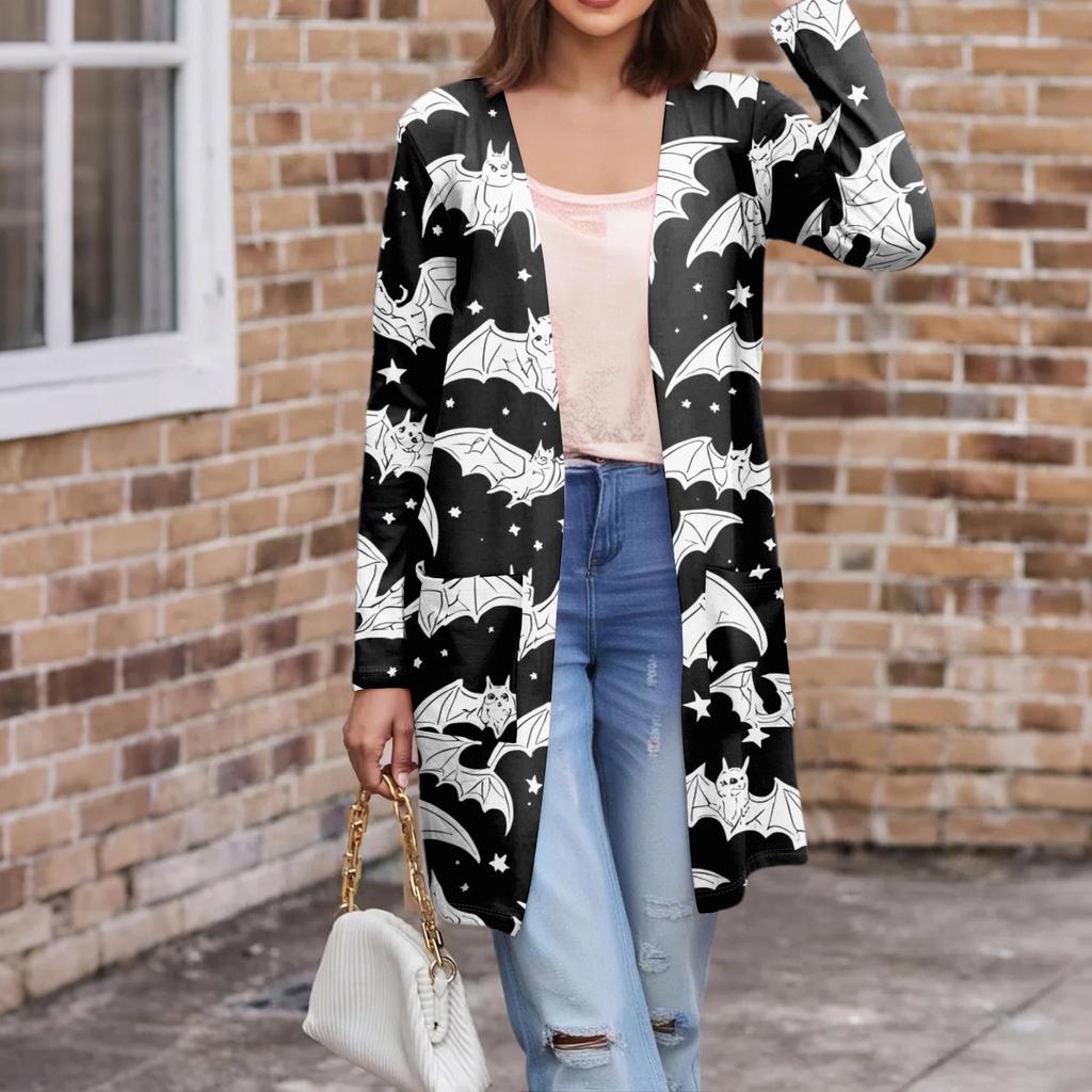 Women's Fashion Casual Comfortable Halloween Printed Mid-Length Cardigan With Pockets Jacket