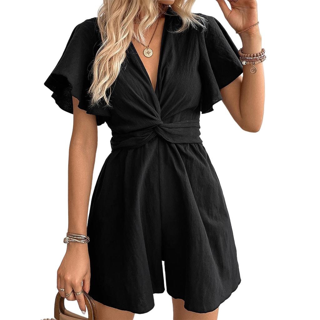 Women's Casual V-Neck Solid Color Flared Sleeve Dress Pants