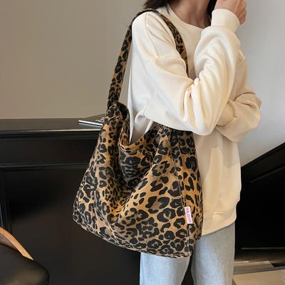 Vintage Leopard Print Canvas Tote Bag Large Capacity Shoulder Shopper Bag for Women Fashion Handbag