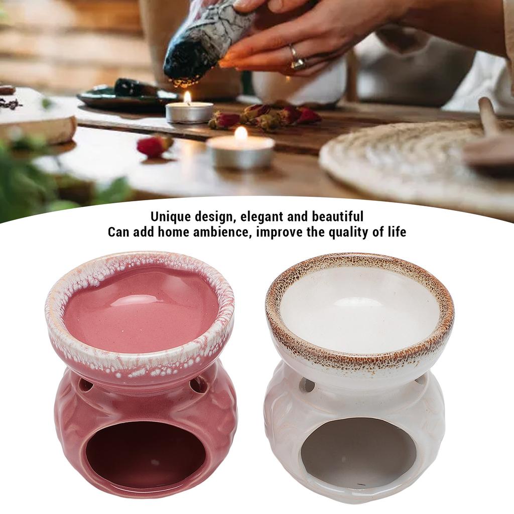 2 Pcs Ceramic Tealight Candle Holder Wax Warmer Long Lasting Essential Oil Burner Incense Diffuser for Living Room White Pink