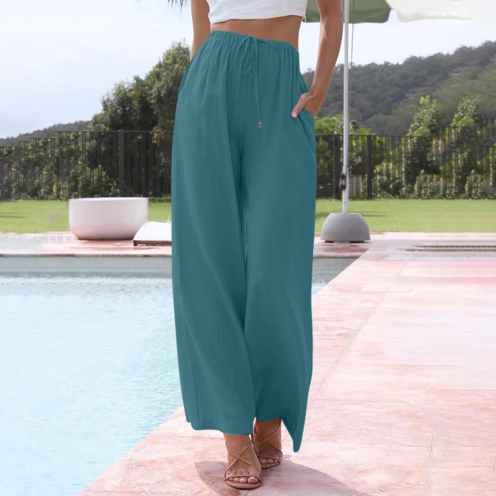 

Брюки с широкой талией для женщин, повседневные летние брюки на шнурке, струящиеся пляжные брюки с карманами XXL