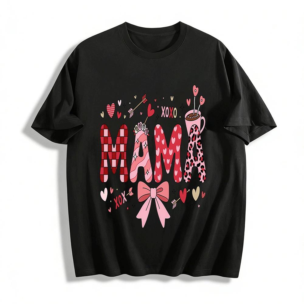 Valentine s Day Mama Graphic Tee Heart Print Casual Short Sleeve Top Pure cotton T-shirt XXS