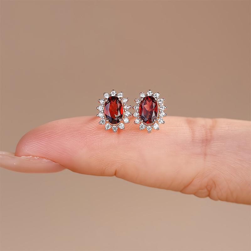 1 Carat Imitation Natural Garnet Gemstone Stud Earrings Rose Gold Princess Diana Earrings