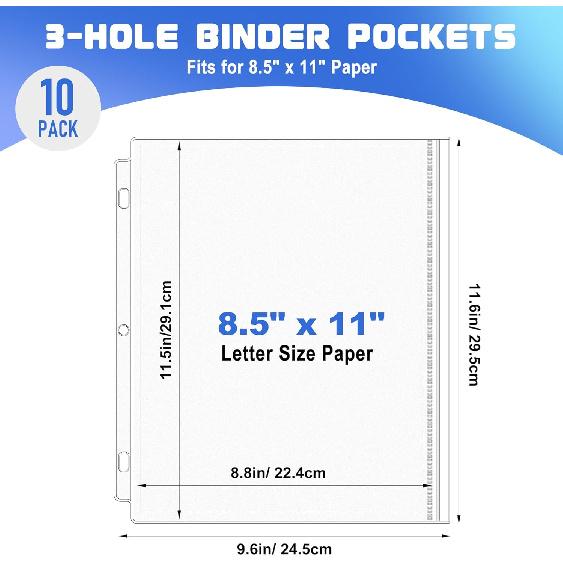 Antner 10 Pack Letter Size Binder Pockets 3 Ring Binder Zipper Pouch, 3-Hole Waterproof Resealable Zip Loose Leaf ert Bags PVC Document Organizer
