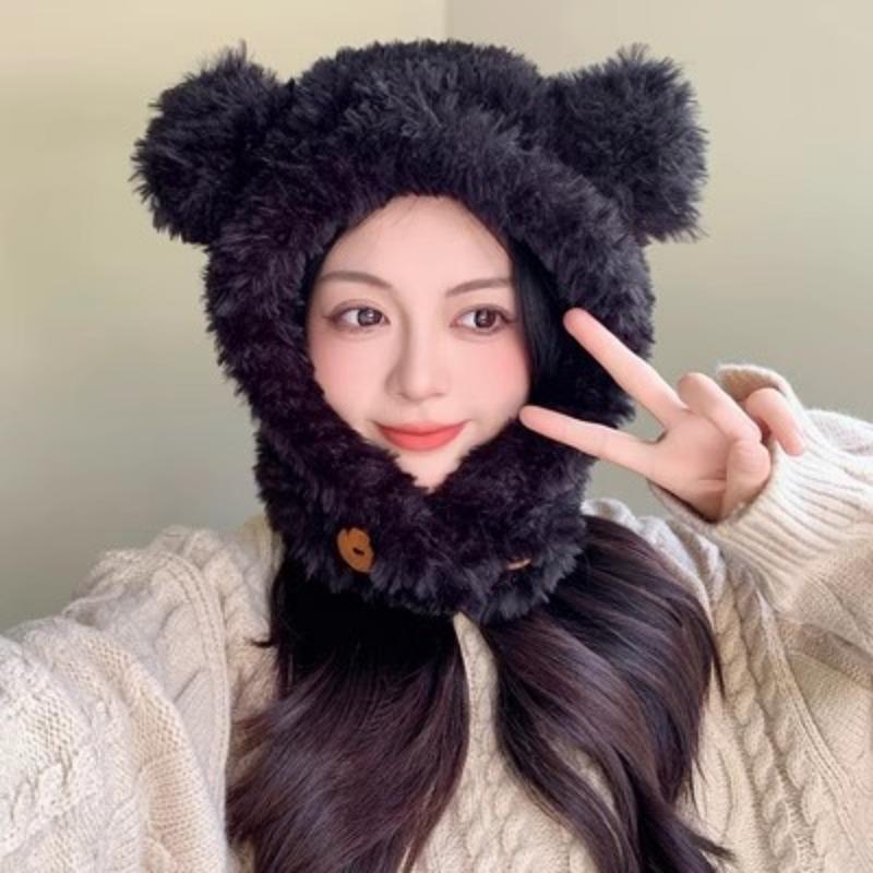 Cute bear ears plush hat scarf integrated women's winter ear protection pullover hat to keep warm and cold