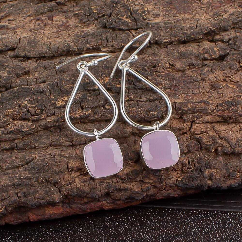 Rose Chalcedony Gemstone 925 Sterling Silver Handcrafted Jewelry Earrings 1.90" EE-7-16