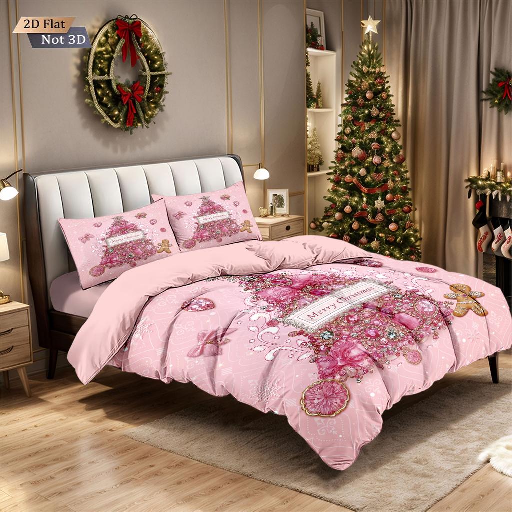 3pcs pink romantic Christmas tree print coreless duvet set multi size bedroom bedding holiday decoration machine washable