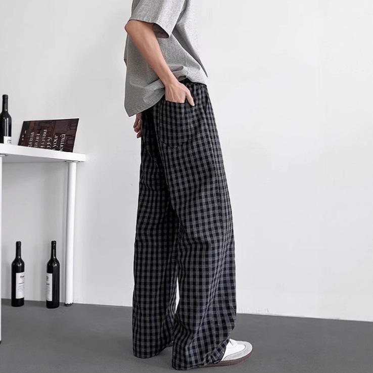 Plaid Pants Men's Loose Summer Can Be Worn Outside Mopping Long New Bf Lazy Men's Casual Pants Ice Silk Thin