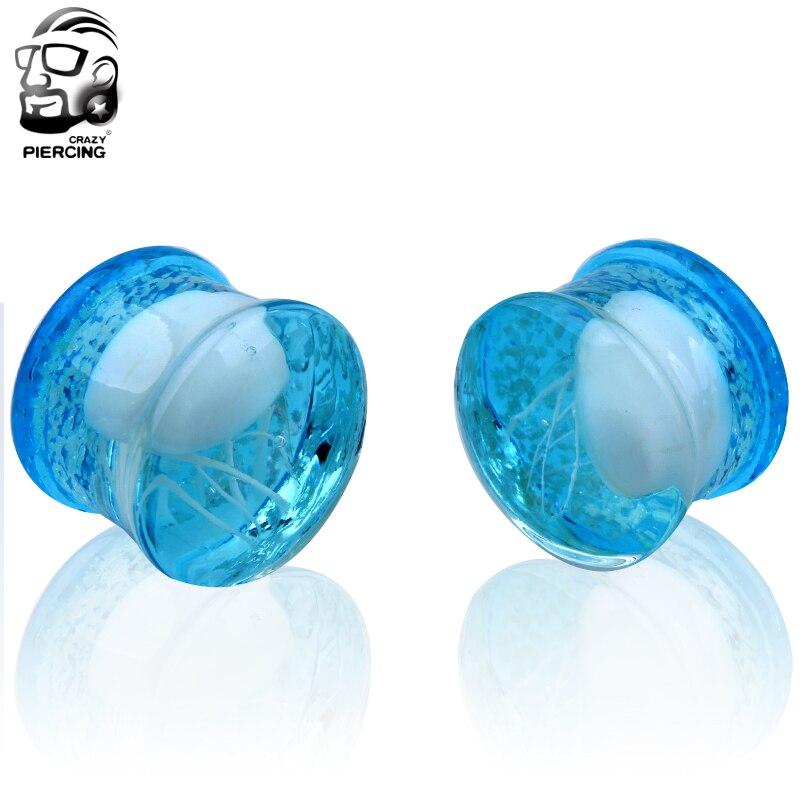 

1 пара модных пирсингов, пара стеклянных двойных расклешенных белых беруш в форме медузы, полупрозрачные яркие, голубые, озёрные, океан 0g (8 mm)