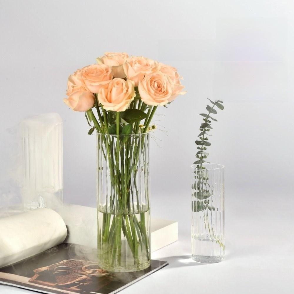Ribbed Design Clear Flower Vase Large Size Unbreakable Plastic Flower Wake Up Vase Transparent Acrylic Cylinder Shape