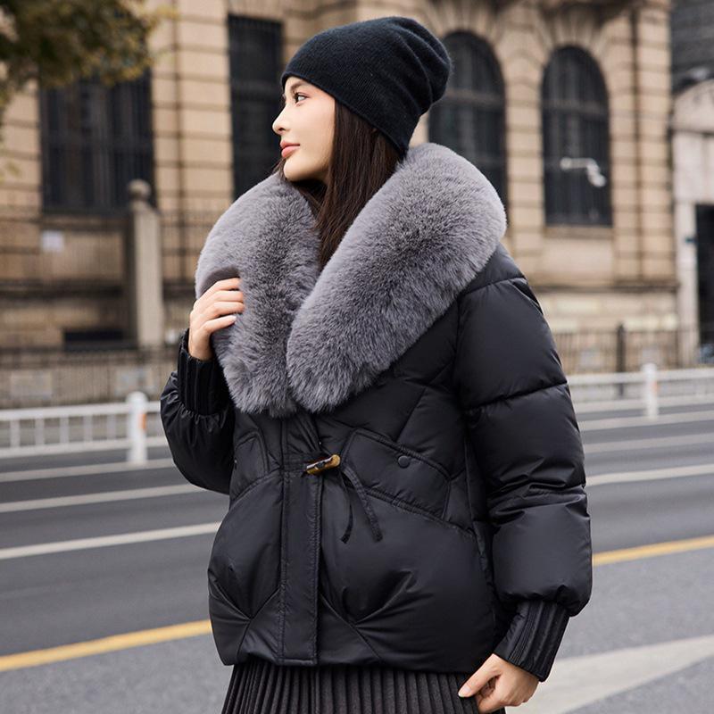 Women's Winter Down Cotton Jacket with Large Fur Collar - European & American Style, Short & Loose Padded Coat