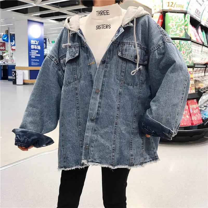 Mid-length Hooded Loose Jean Jacket Top 