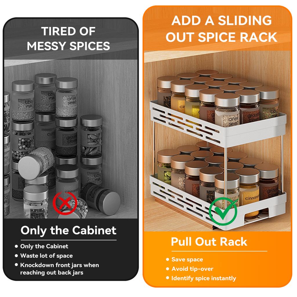 2 Tier Pull Out Plastic Storage Rack Large Capacity Kitchen Cabinet Storage Organizer Drawer Spice Jar Storage Shelves