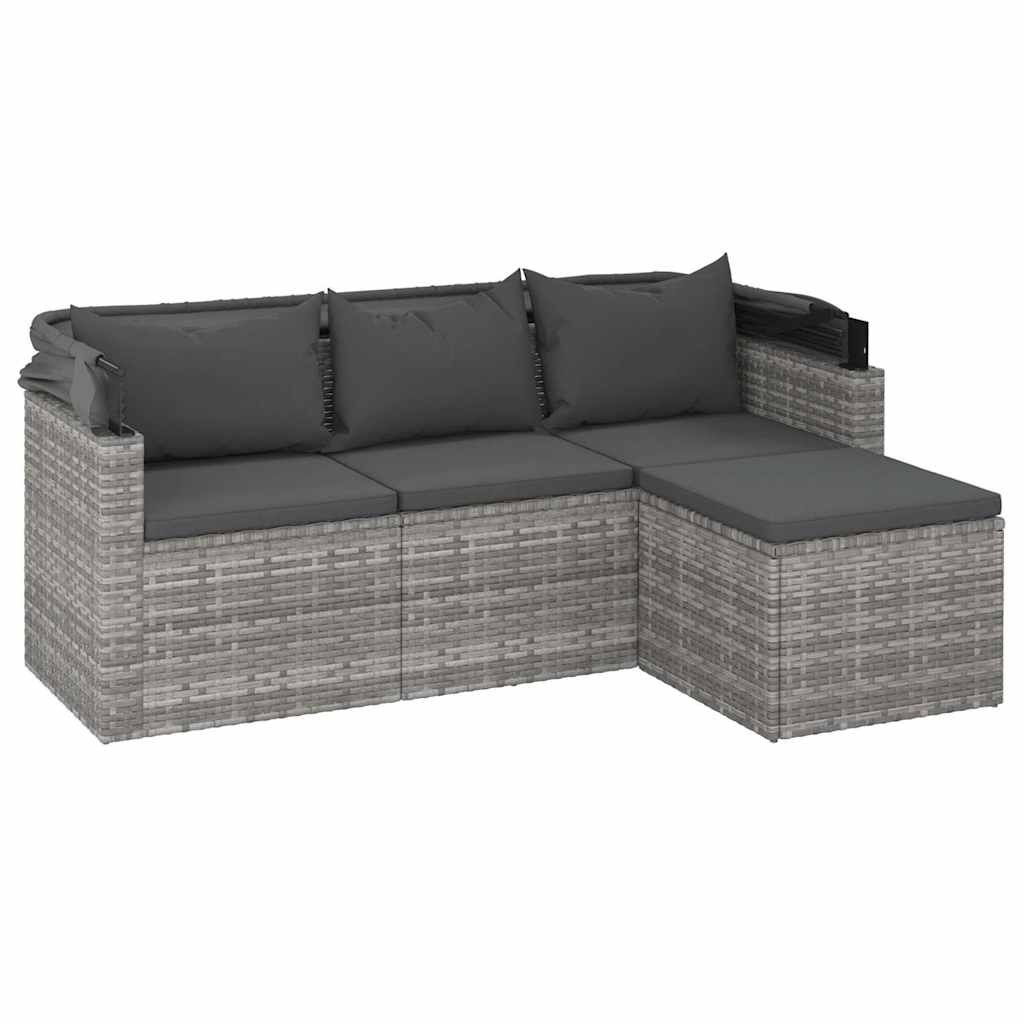3 Seater Garden Sofa with Canopy and Footstool Grey Poly Rattan