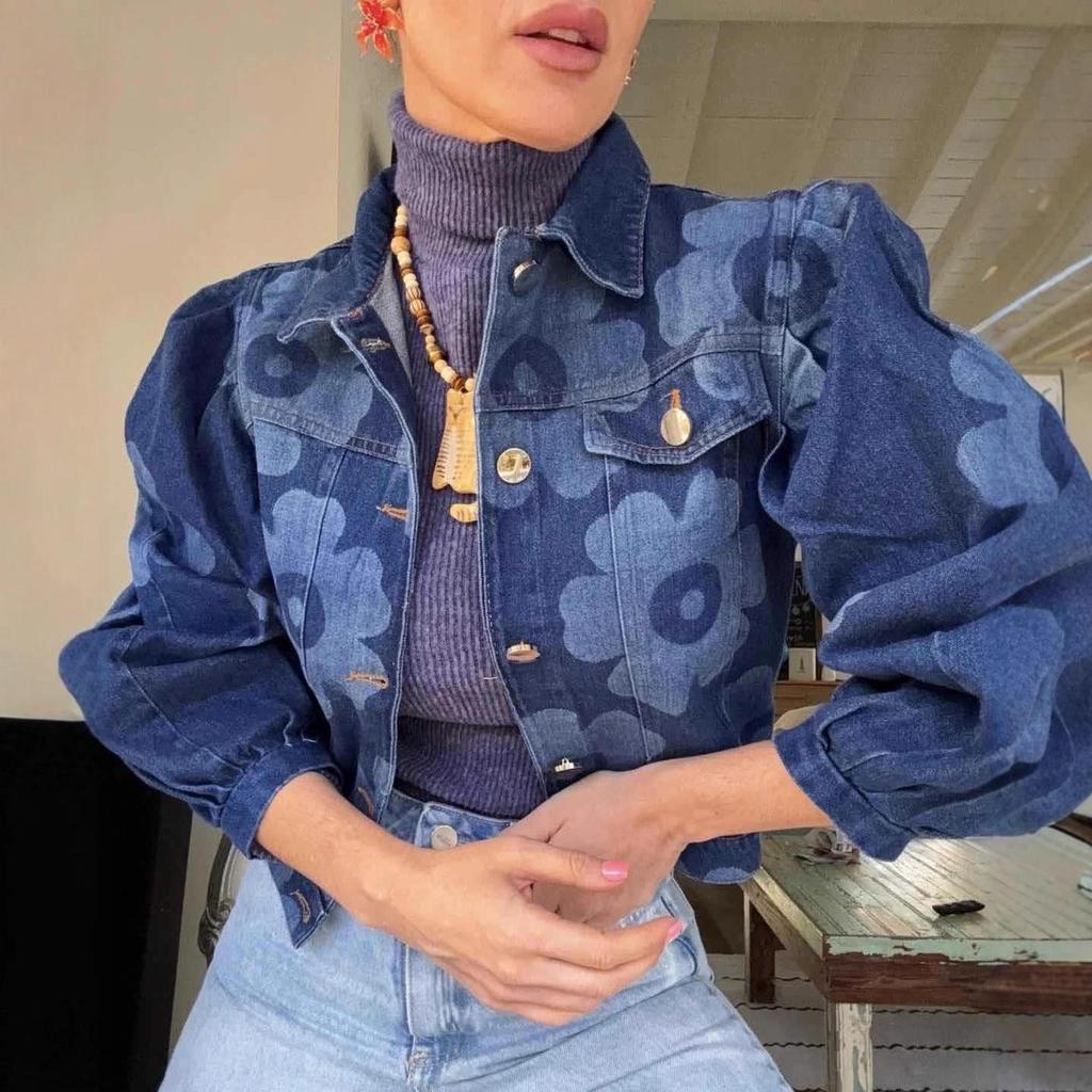 Women's Vintage Floral Denim Jacket - Turn-down Collar, Autumn/Winter Streetwear