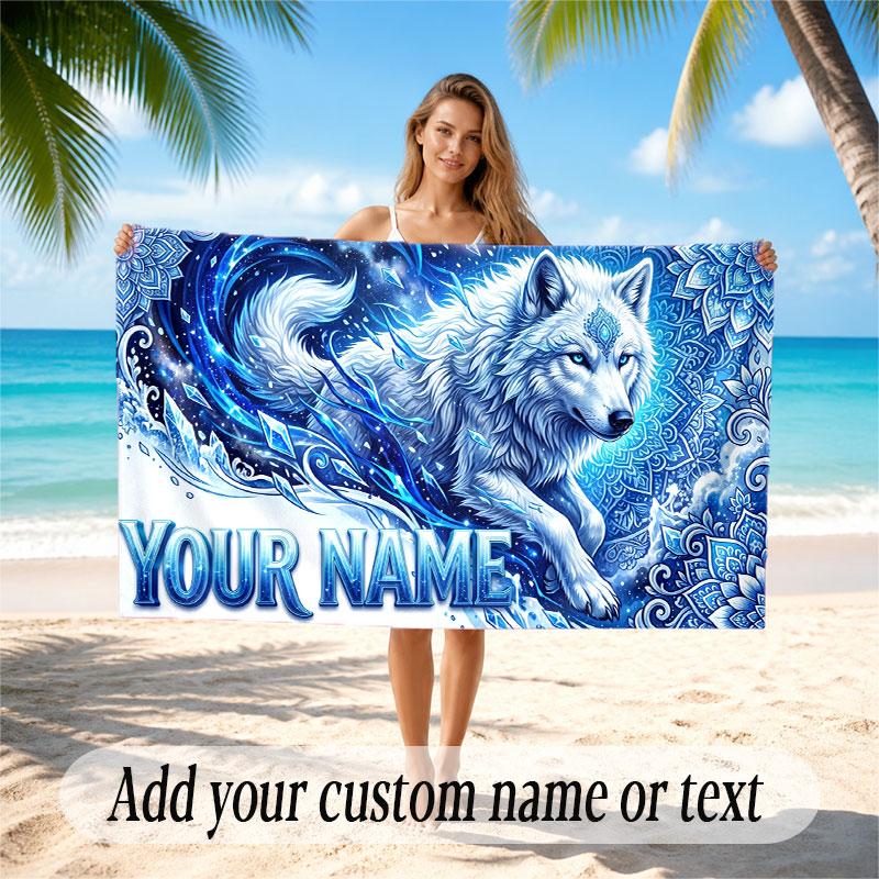 Wolf Theme Beach Towel Personalized Custom Name & Text Soft Quick Dry Beach Towel for Swimming Travel