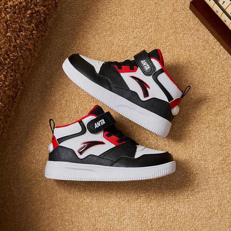Anta Kids Synthetic Leather Simple Versatile Wear-Resistant Mid-Top Kids Sneakers Kids Sneakers White Black Red A12449946-2