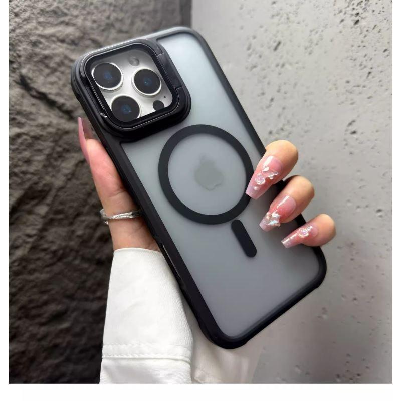 Fashion Bracket Stand Magnetic Phone Case for iPhone 16 15 14 Plus 13 12 16 Pro Max With Lens Protection Cover for Magsafe Cover