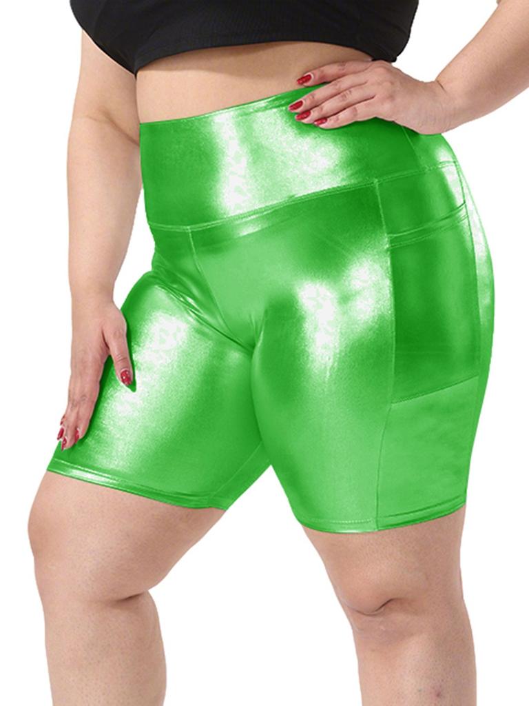 Women Large Size Foil-Stamped Shorts High Waist Shiny Metallic Elastic Shorts with Pocket