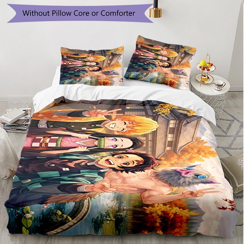 Set cuvertură de pilota 3 buc (1 * Husă de pilota + 2 * Față de pernă, Fără Miez), Set de așternut moale cu imprimeu Demon Slayer, pentru toate anotimpurile, Decor pentru dormitorul de acasă, Cadou