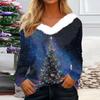 Women's Fashion Casual Long Sleeve Christmas Printed Plush Collar V-Neck Top