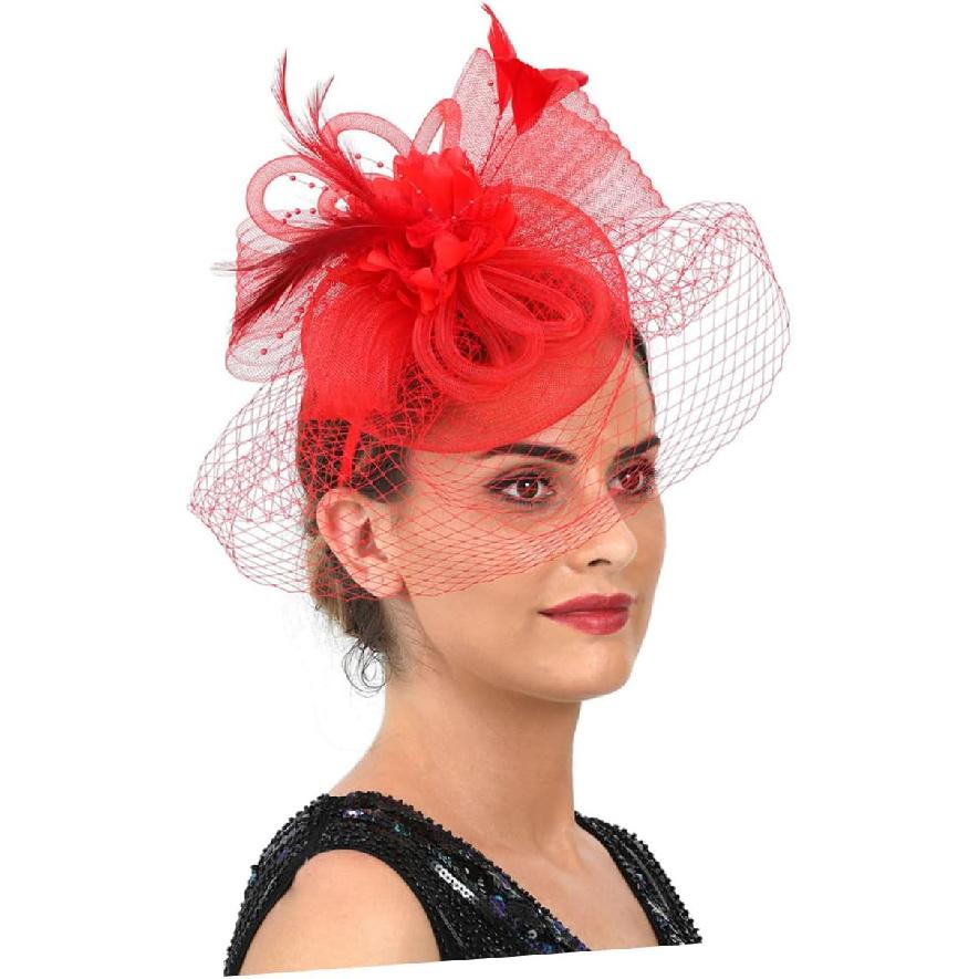 LIOOBO Fascinator Hat Headband with Mesh Plume Flower Detail Red Cocktail Tea Party Wedding Hat for Women and Special Occasion Accessories
