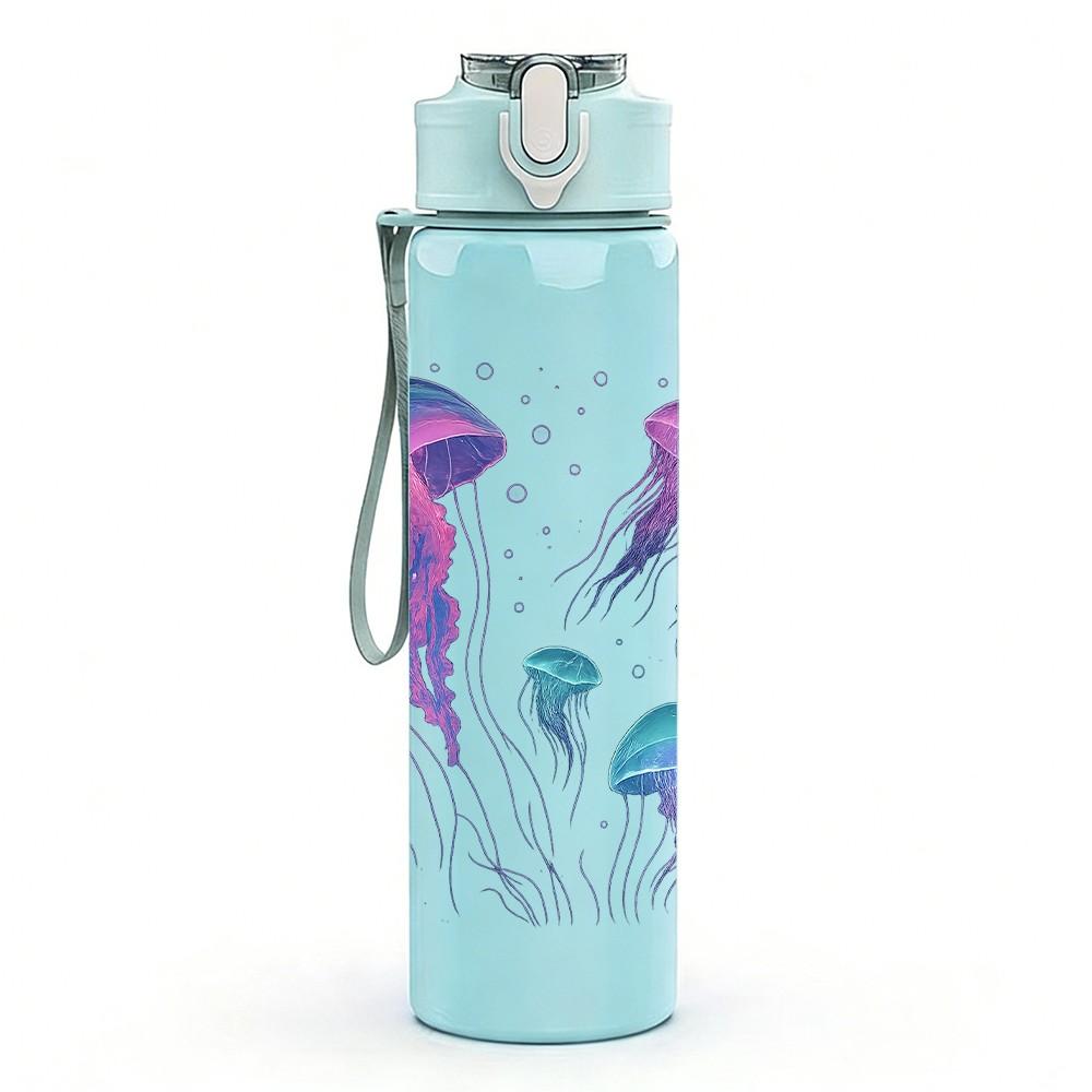 1PC Group Jellyfish Ocean Print 750ml Color Plastic Sports Water Bottle Leakproof Flip Straw Lid Suitable for Sports Office Home Use