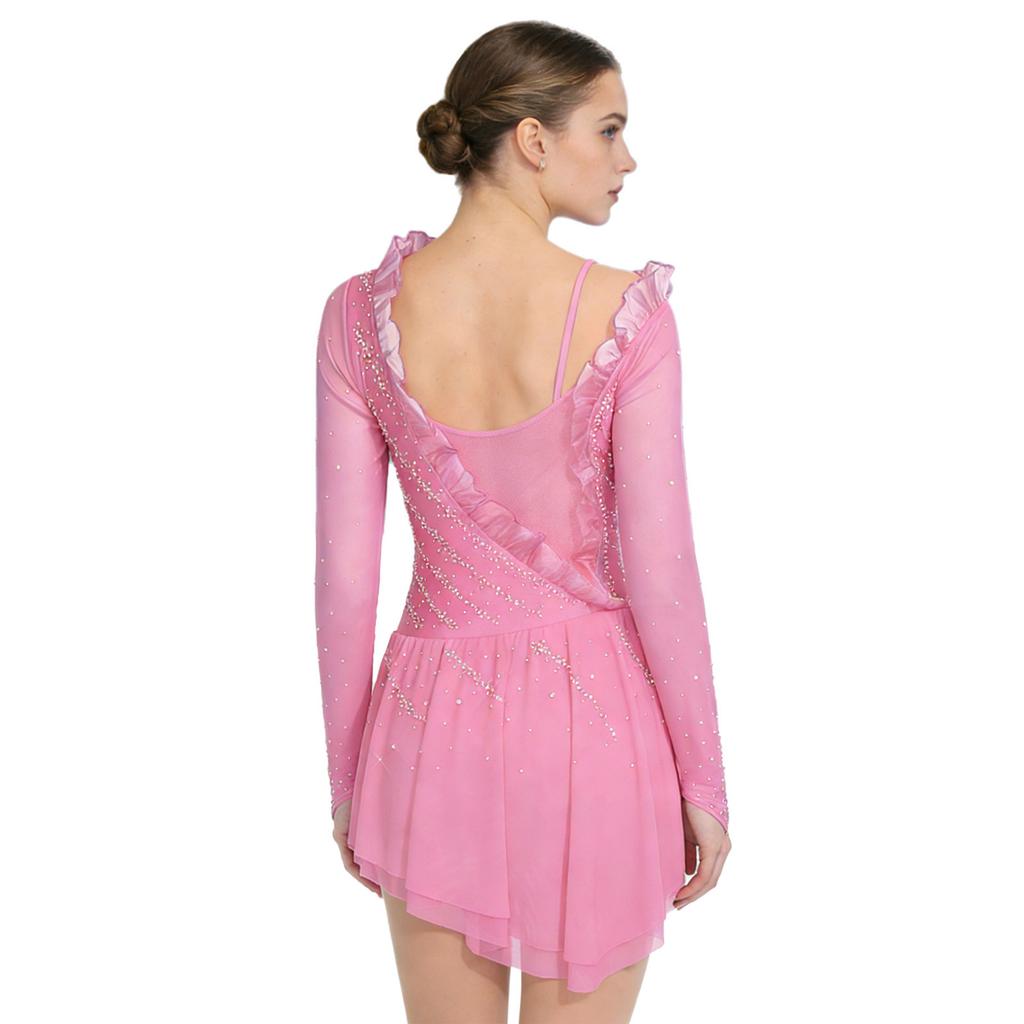 Womens Figure Skating Mesh Dress Long Sleeves Asymmetrical Ruffles Ruched Rhinestones Dancewear
