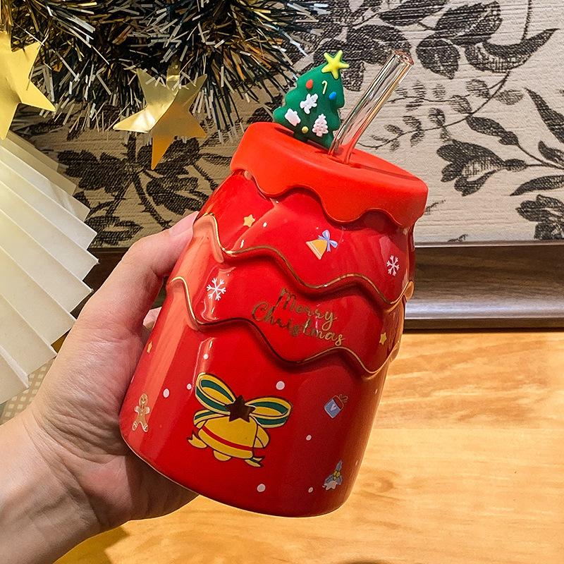 

Высококачественный рождественский стакан для воды с соломинкой для мальчиков и девочек, рождественский подарок, милая керамическая кружка с крышкой, сувенир 301-400ml