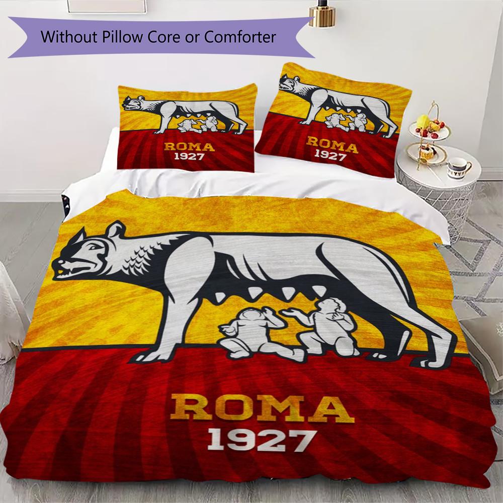 Set lenjerie de pat cu model A.S. Roma Cearșaf pilotă Huse pernă Decorațiune casă Cadou de ziua de naștere (1 * husă de pilotă + 2 * fețe de pernă fără miez)01
