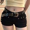 Spicy Girl Y2K Schwarze Nieten-Denim-Mikroshorts mit niedrigem Bund