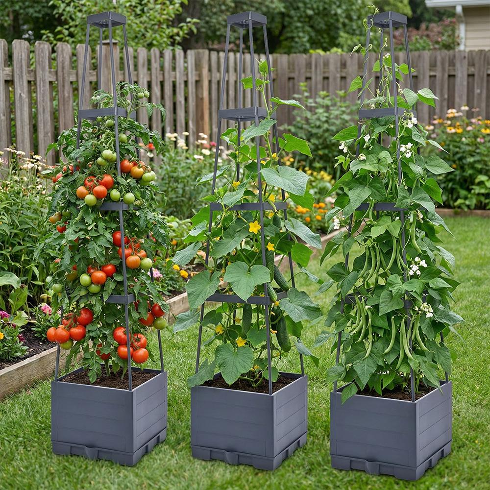 4-story Raised Planter Box with Trellis Plastic Raised Garden Beds and PP Trellis for Climbing Plants,Flowers,Vegetables