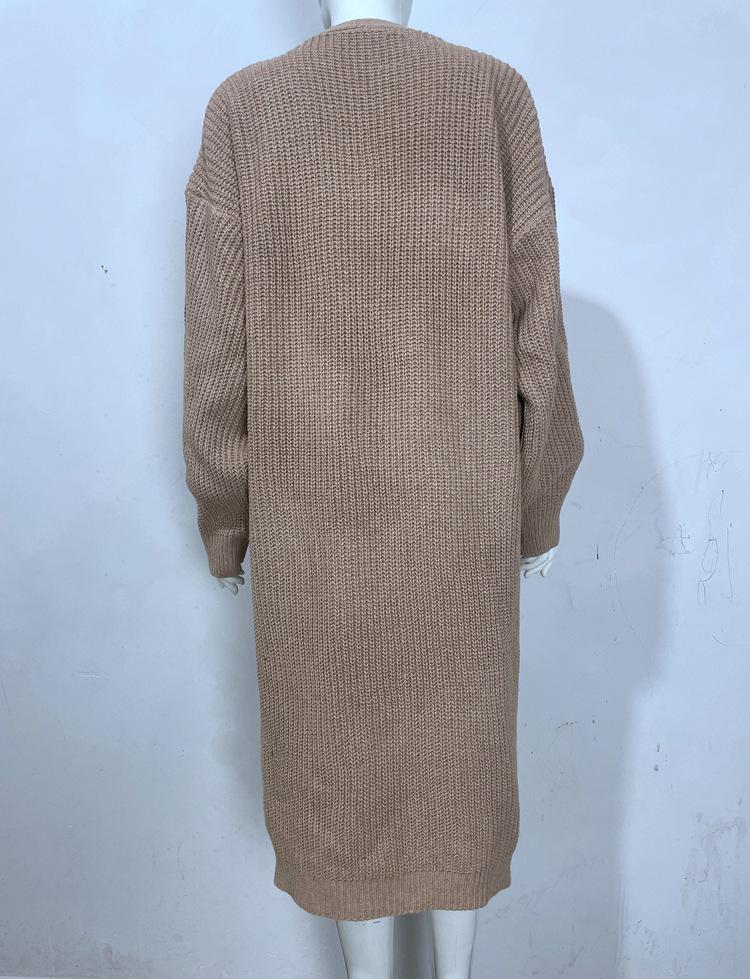 Solid Color Women's Knitted Mid-length Cardigan with Pockets