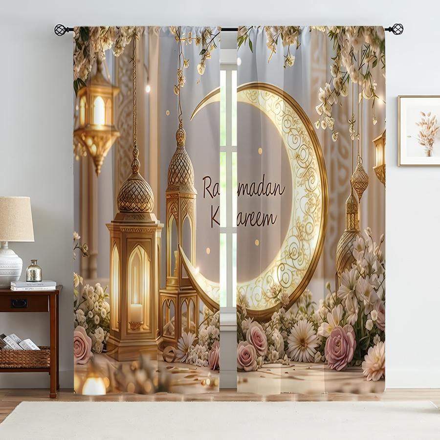2PCS warm toned Ramadan floral decoration curtains, warm holiday style, living room and bedroom, drawbar pocket decoration