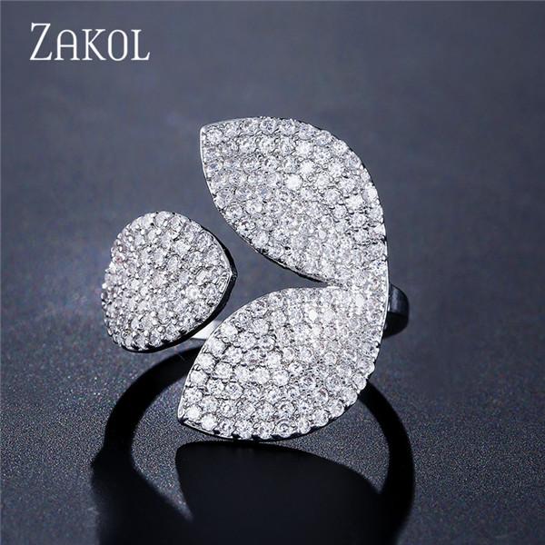 

ZAKOL Luxury Sparkling Leaf Flower Micro-paved Zirconia Open Rings for Women Delicate Bridal Wedding Jewelry RP2034 resizable