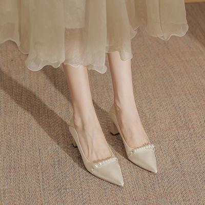 Fashion Brand Dress Shoes for Women 2024 New Elegant Pearl Embellished Women's High Heels Korean Fashion Shallow Mouth Thick Heels Shoes