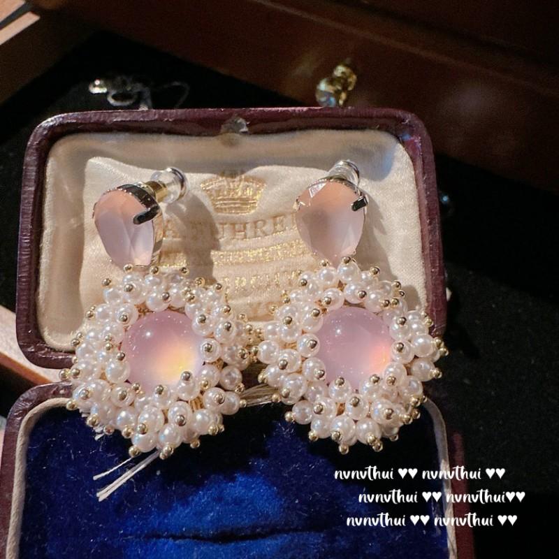 Adjustable Floral Ring With Pink Tourmaline Beads Pearl Accents 18K Gold Plated Chalcedony Flower Earrings