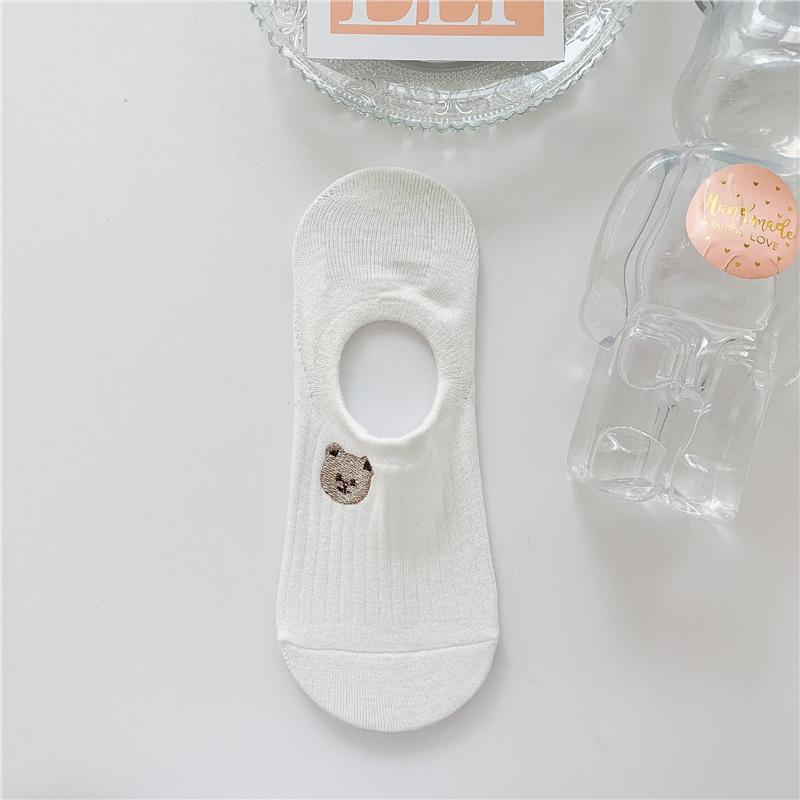 1/5 Pairs Women's Summer White Animal and Plant Cute Embroidery Invisible Socks Silicone Non-slip Socks