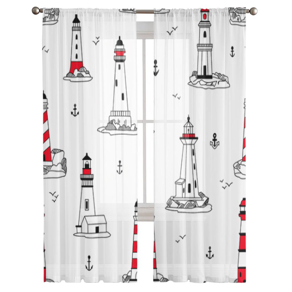 Lighthouses Pattern Tulle Curtains For Living Room Bedroom Christmas Chiffon Sheer Voile Kitchen Curtain